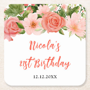 Porta-copo De Papel Quadrado Rosas Vermelhas Coral com Folhagem de Aniversário