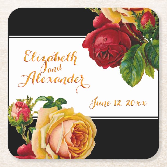 Porta-copo De Papel Quadrado Rosas Vermelhas e Amarelas - Personalização Boêmia (Frente)