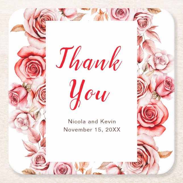 Porta-copo De Papel Quadrado Rosas Vermelhas Florais Casamento (Frente)