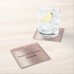 Porta-copo De Papel Quadrado Rose Gold Rosa Brilho Gotejante Aniversário de 21 
