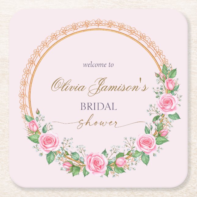 Porta-copo De Papel Quadrado Roses & Baby’s Breath Bridal Wreath Welcome (Frente)