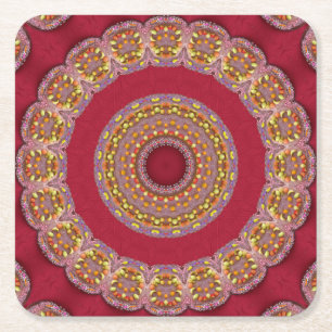 Porta-copo De Papel Quadrado Rosetas Mandala Vermelho Dourado Amarelo