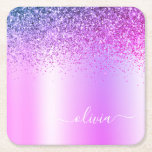 Porta-copo De Papel Quadrado Roteiro Roxo Monograma Glitter Sparkle<br><div class="desc">Folha fina Roxa Folha Metálica Brilhante Metálica Brilhante Bruta Monograma Nome Portas copos de Papel. Isso faz a formatura perfeita,  aniversário,  casamento,  chá de panela,  aniversário,  chá de fraldas ou presente de festa de solteira para alguém que ama luxo de vidro e estilos quíticos.</div>