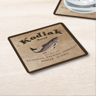Porta-copo De Papel Quadrado Rótulo de Salmão Vintage Kodiak