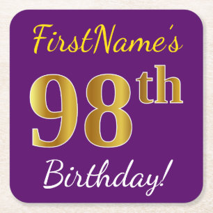 Porta-copo De Papel Quadrado Roxo, Aniversário de 98 anos com Faux Dourado + No