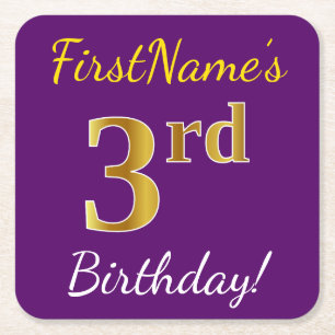 Porta-copo De Papel Quadrado Roxo, Dourado Falso Aniversário de 3 anos + Nome P