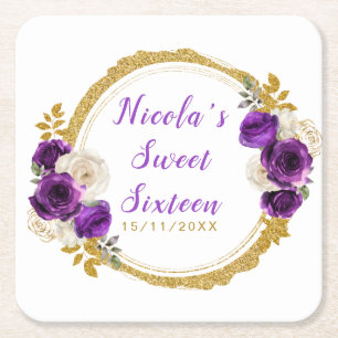 Porta-copo De Papel Quadrado Roxo Escuro e Dourado Flor Elegante Sweet Sixteen
