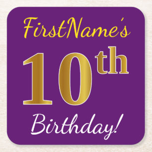 Porta-copo De Papel Quadrado Roxo, Faux Dourado 10º Aniversário + Nome Person