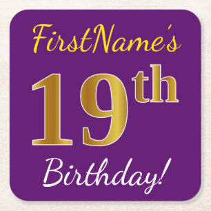 Porta-copo De Papel Quadrado Roxo, Faux Dourado 19º Aniversário + Nome Personal