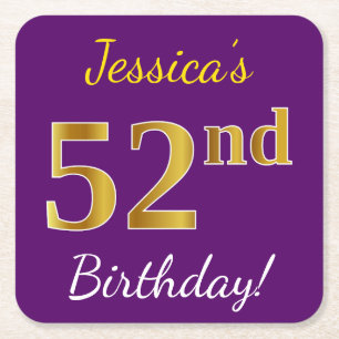 Porta-copo De Papel Quadrado Roxo, Faux Dourado 52º Aniversário + Nome Personal