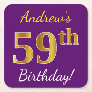 Porta-copo De Papel Quadrado Roxo, Faux Dourado 59º Aniversário + Nome Personal