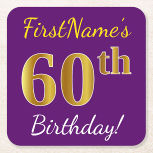 Porta-copo De Papel Quadrado Roxo, Faux Dourado 60º Aniversário + Nome Person