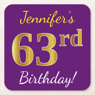Porta-copo De Papel Quadrado Roxo, Faux Dourado 63º Aniversário + Nome Personal