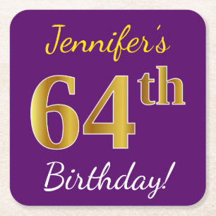 Porta-copo De Papel Quadrado Roxo, Faux Dourado 64.º Aniversário + Nome Persona