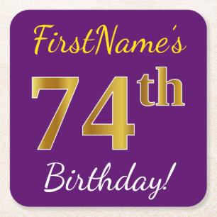 Porta-copo De Papel Quadrado Roxo, Faux Dourado 74.º Aniversário + Nome Perso