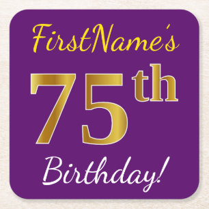 Porta-copo De Papel Quadrado Roxo, Faux Dourado 75.º Aniversário + Nome Persona