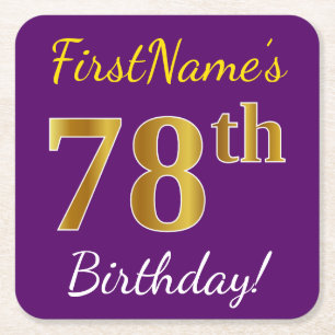Porta-copo De Papel Quadrado Roxo, Faux Dourado 78.º Aniversário + Nome Persona