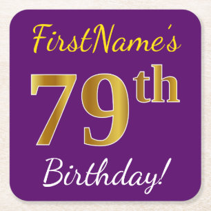 Porta-copo De Papel Quadrado Roxo, Faux Dourado 79º Aniversário + Nome Personal
