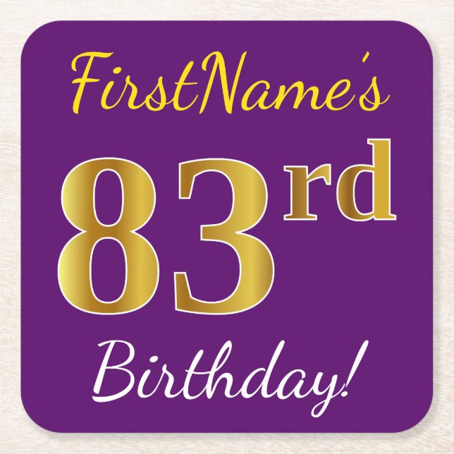 Porta-copo De Papel Quadrado Roxo, Faux Dourado 83º Aniversário + Nome Personal (Frente)