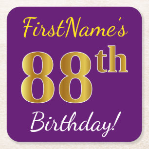 Porta-copo De Papel Quadrado Roxo, Faux Dourado 88.º Aniversário + Nome Persona