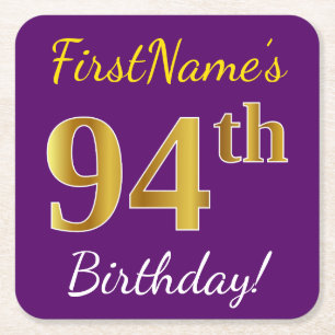 Porta-copo De Papel Quadrado Roxo, Faux Dourado 94.º Aniversário + Nome Perso