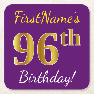 Porta-copo De Papel Quadrado Roxo, Faux Dourado 96º Aniversário + Nome Person