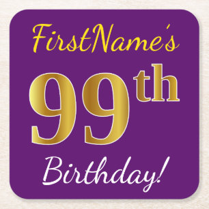 Porta-copo De Papel Quadrado Roxo, Faux Dourado 99º Aniversário + Nome Personal