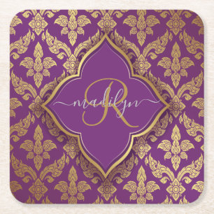 Porta-copo De Papel Quadrado Roxo Real Dourado Padrão Damasko Fleur Monograma