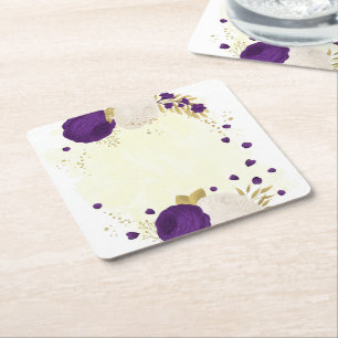 Porta-copo De Papel Quadrado roxo real & flores brancas dourado