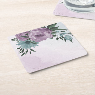 Porta-copo De Papel Quadrado roxo romântico e flores azuis
