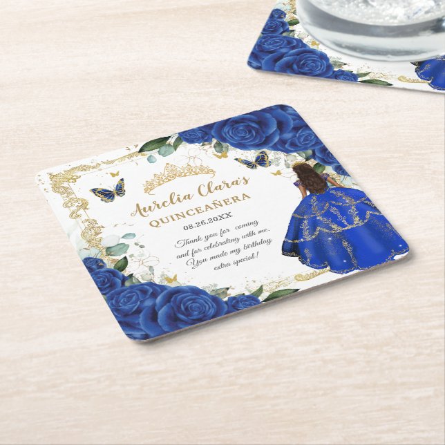Porta-copo De Papel Quadrado Royal Blue Floral Princess Gold Quinceañera 15 (Inclinado)