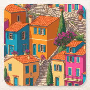 Porta-copo De Papel Quadrado Ruas Mediterrâneas — Casas Coloridas
