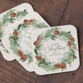 Porta-copo De Papel Quadrado Rush Watercolor Pine Cone Wreath Feliz Natal