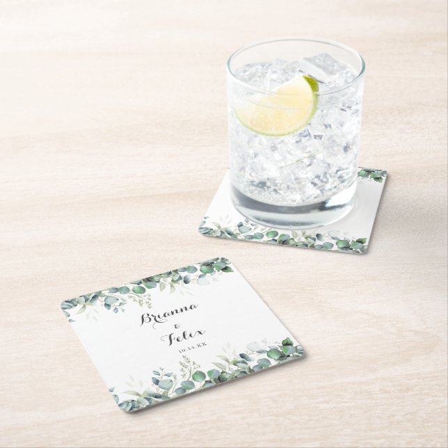 Porta-copo De Papel Quadrado Rustic Botanical Eucalyptus Greenery Wedding (Insitu)