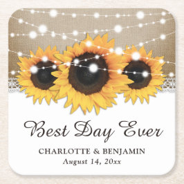 Porta-copo De Papel Quadrado Rustic Burlap Lace String Luz Sunflower Casamento