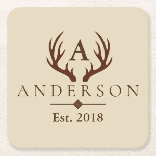 Porta-copo De Papel Quadrado Rustic Elegant Brown Deer Antlers & Family Name
