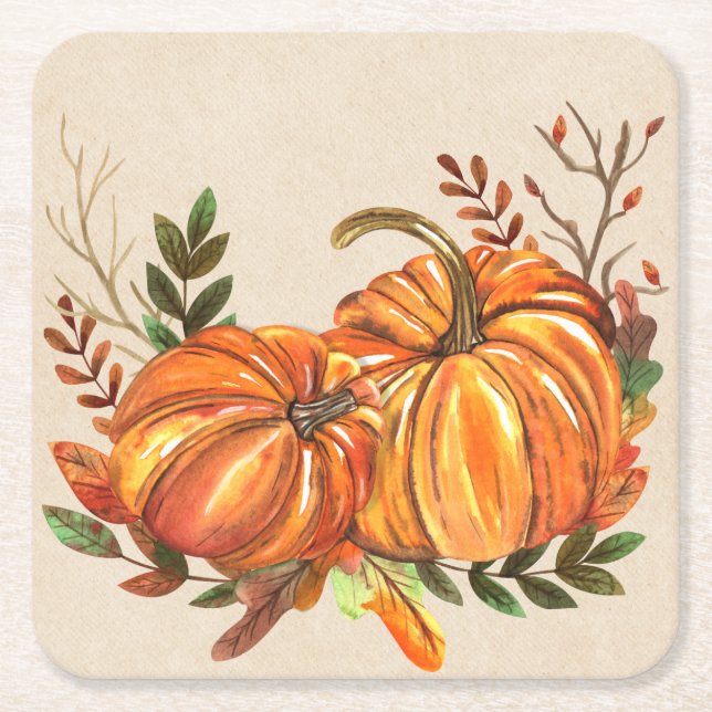 Porta-copo De Papel Quadrado Rustic Fall Pumpkins (Frente)