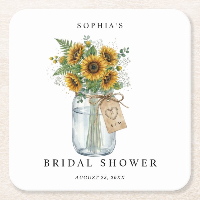 Porta-copo De Papel Quadrado Rustic Sunflower Mason Jar Bridal Shower Square  (Frente)
