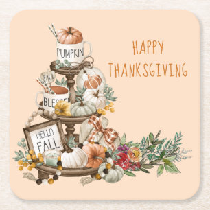 Porta-copo De Papel Quadrado Rustic Thankanding Watercolor Pumpkins Outono