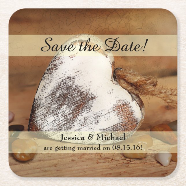 Porta-copo De Papel Quadrado Rustic Twine Wood Heart Save the Date (Frente)