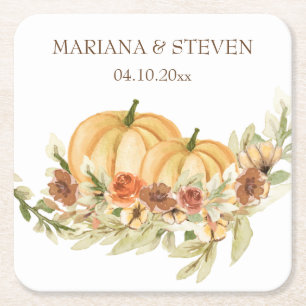 Porta-copo De Papel Quadrado Rustic Watercolor Call in Love Pumpkin Weds Squ