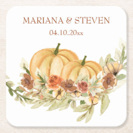 Porta-copo De Papel Quadrado Rustic Watercolor Fall in Love Pumpkin Weds