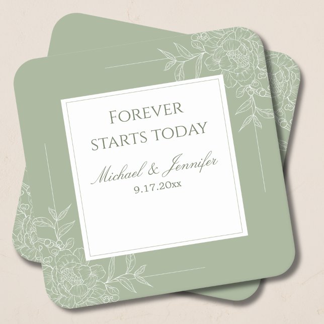 Porta-copo De Papel Quadrado Rustic Wedding Sage Green and White Modern (Criador carregado)