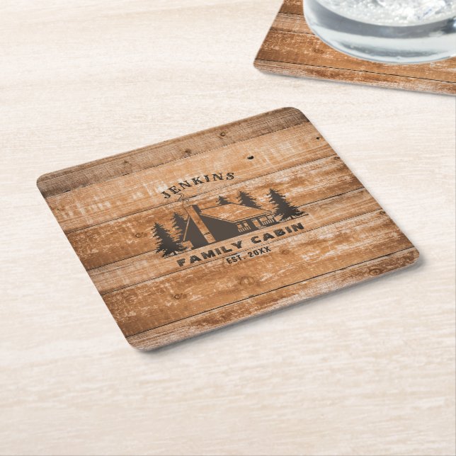 Porta-copo De Papel Quadrado Rustic Wood Pine Forest Cabin Lodge Personalized (Inclinado)