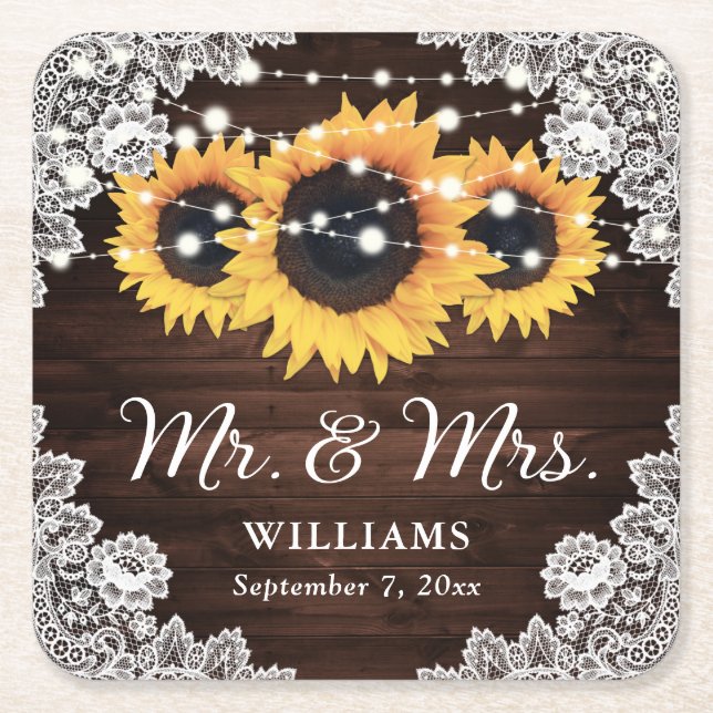 Porta-copo De Papel Quadrado Rústica Palácio De Madeira Luz De Girassol Casamen (Frente)