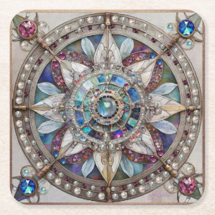 Porta-copo De Papel Quadrado Safiras Rosa e Azul Diamantes Pérolas Mandala