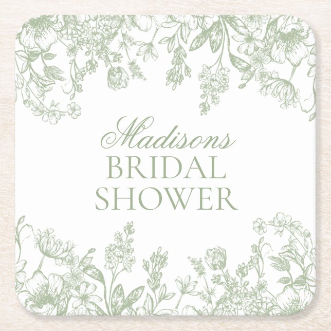 Porta-copo De Papel Quadrado Sage Chinoiserie Vintage Floral Bridal Shower (Frente)