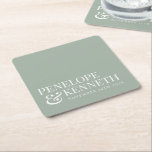 Porta-copo De Papel Quadrado Sage Clássico Elegante Simples Casamento Personali<br><div class="desc">Tipografia Elegante Clássica Nomes de Casamento Personalizados Porta copos com Texto Branco em um Fundo Verde Sage Densível</div>