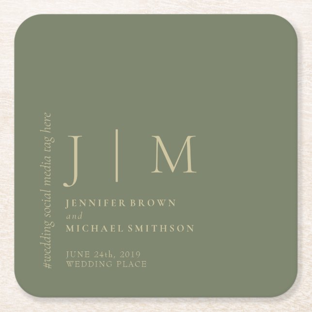 Porta-copo De Papel Quadrado Sage e Dourado Casamento Elegante Simples (Frente)