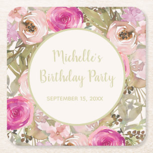 Porta-copo De Papel Quadrado Sage Floral Cor-de-Rosa Cor-de-Rosa Verde Sai Aniv